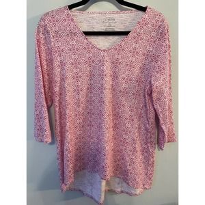 CHICO'S The Ultimate Tee cotton knit top pink geometric VNeck Size Small